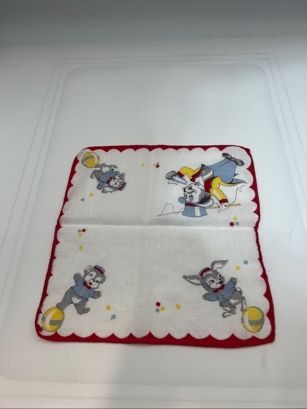 Vintage Children’s Circus Hankie Bunny Mouse Handkerchief Scalloped Edge